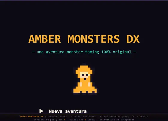 amber-monsters-dx title screen with Game Boy styling.