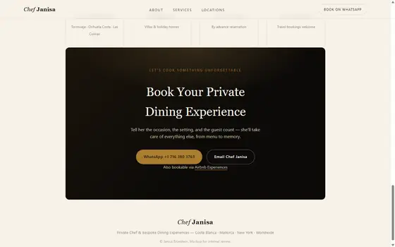Call to action band on the Chef Janisa site, with the contact button.