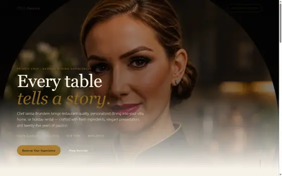 Chef Janisa website home page on desktop, showing the navigation header and the main image.