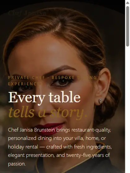 Chef Janisa home page seen on a mobile screen.