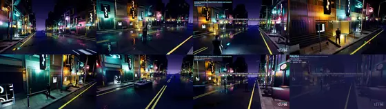 Benchmark contact sheet for neon-district-sandbox with the eight stills the executable generates.