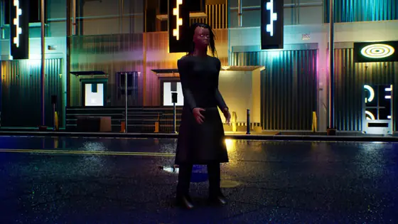 Character in neon-district-sandbox built with MPFB2 on the MakeHuman base mesh, on the street with its final materials.