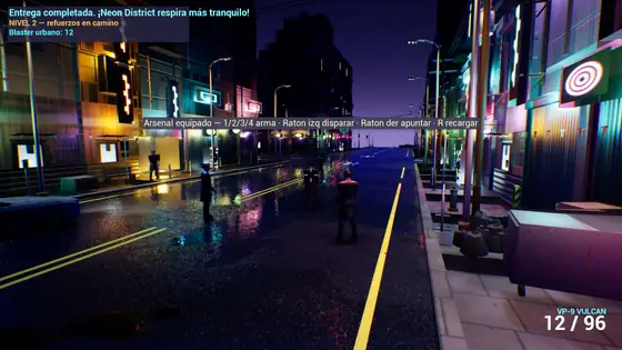 Police chase in neon-district-sandbox with the wanted level on the HUD and two officers closing in on the player.
