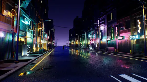 Night avenue in neon-district-sandbox: wet asphalt reflecting the signs, lit facades from end to end.