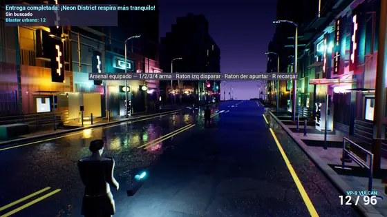 Firing in neon-district-sandbox: blaster in hand, muzzle flash and projectile in flight, ammunition on the HUD.