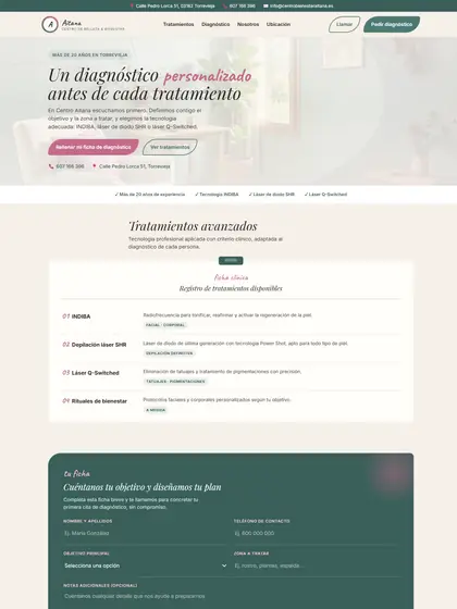 Design proposal for a beauty and wellness centre: cream toned home page with a treatment room photo, serif headline and a book appointment button.