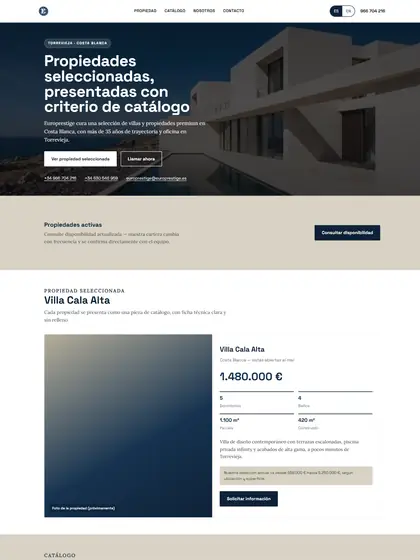 A third direction for the estate agency: home page with a white villa against a blue sky and a headline about properties presented like a catalogue.