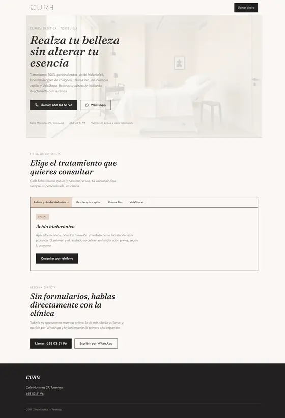 Design proposal for an aesthetic medicine clinic: minimal beige home page with a serif headline and a prominent call button.
