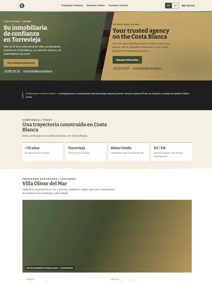 Design proposal for an international estate agency: home page split in two halves, Spanish over navy and English over gold.