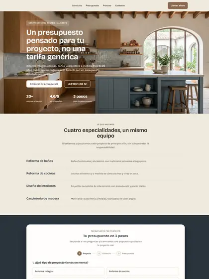Design proposal for an interior design studio: home page with a rustic wooden kitchen photo and a headline about tailored quotes.