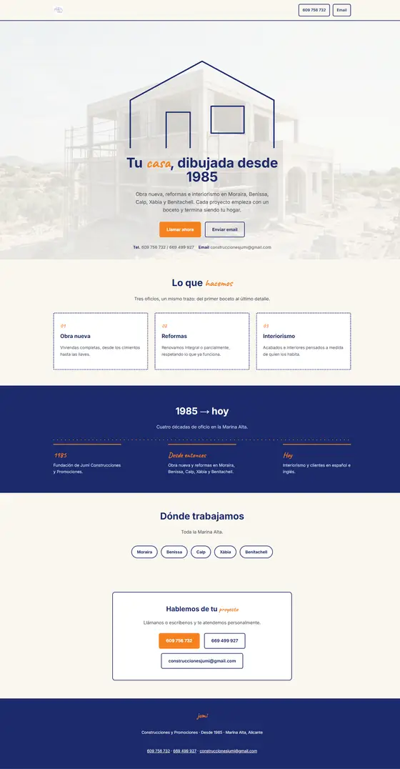 A second direction for the same building company: light home page with a house drawn as a blue blueprint over a sky background.