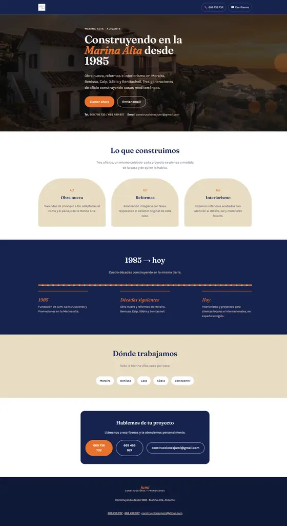 Design proposal for a family building company: home page with a Mediterranean villa photo at dusk and a headline about three generations of the trade.