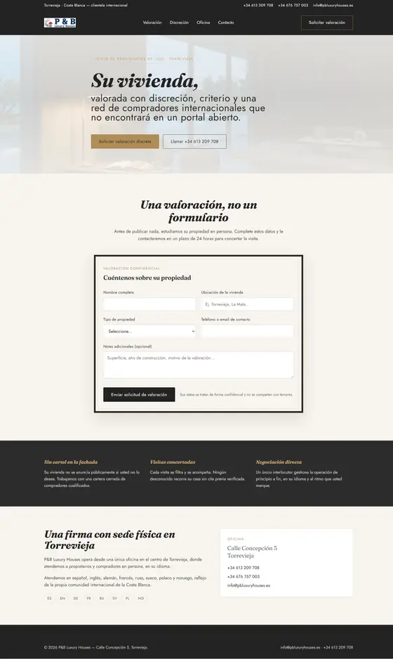 Design proposal for a luxury estate agency: restrained serif home page with a seaside terrace photo and a discreet valuation form.