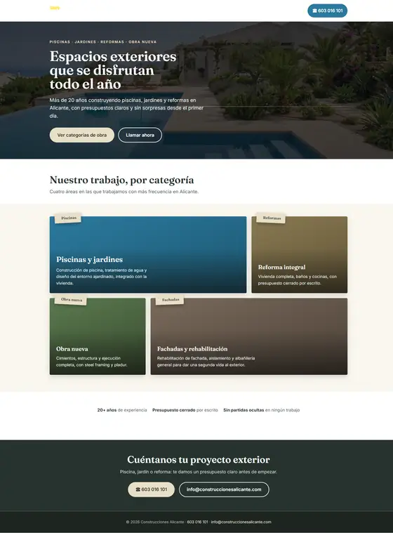 Design proposal for a construction and swimming pool company: home page with an outdoor pool and a grid of colour block categories.