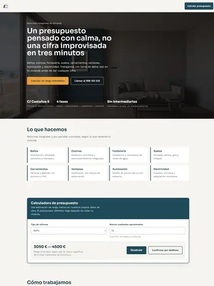 Design proposal for a full-refurbishment company: dark home page with a finished living room and a headline about quotes that are not improvised.