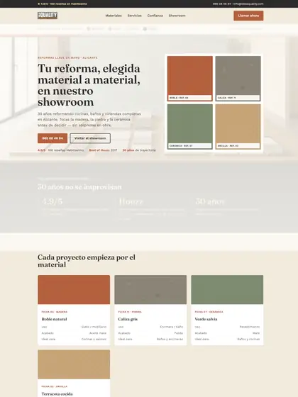 Design proposal for a refurbishment company with a showroom: home page with a material sample board in four colour cards.