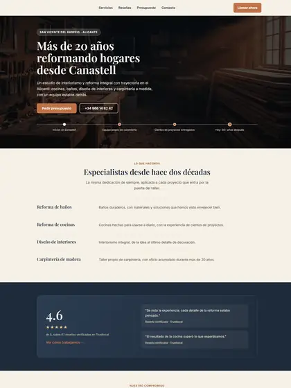 A second direction for the same interior design studio: dark home page with a carpentry workshop and a headline about twenty years refurbishing homes.