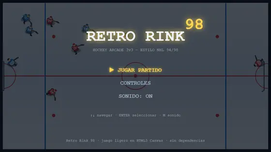 retro-rink-98 main menu, with team selection over a hockey rink background.