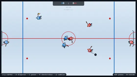retro-rink-98 match in progress with six players on the ice and the scoreboard on top.