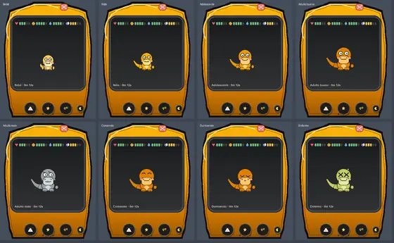 Sheet showing the evolution stages of the tamagotchi-desktop pet, from egg to adult.
